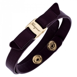 Pre Owned Salvatore Ferragamo Aubergine Leather Vara Bow Double Wrap Bracelet