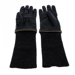 Pre Owned Salvatore Ferragamo Black/Dark Grey Leather and Fabric Cincilla Gloves