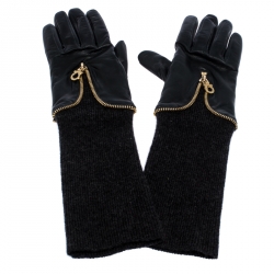 Pre Owned Salvatore Ferragamo Black/Dark Grey Leather and Fabric Cincilla Gloves
