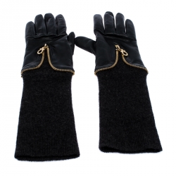 Pre Owned Salvatore Ferragamo Black/Dark Grey Leather and Fabric Cincilla Gloves