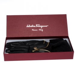 Pre Owned Salvatore Ferragamo Black/Dark Grey Leather and Fabric Cincilla Gloves