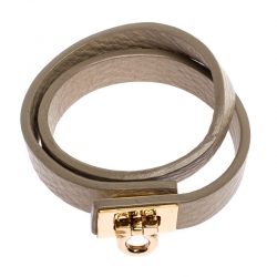 Salvatore Ferragamo Gancini Beige Leather Gold Tone Double Wrap Bracelet 