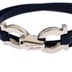 Pre Owned Salvatore Ferragamo Gancini Blue Leather Silver Tone Slim Wrap Bracelet