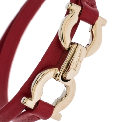 مملوكة مسبقًا Salvatore Ferragamo Gancini Red Leather Gold Tone Double Wrap Slim Bracelet