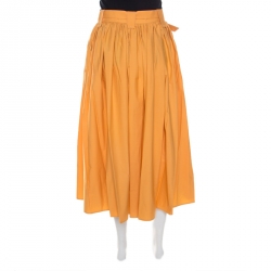 Pre Owned Salvatore Ferragamo Orange Cotton Gathered Belted Midi Skirt M