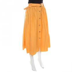Pre Owned Salvatore Ferragamo Orange Cotton Gathered Belted Midi Skirt M
