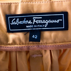 Pre Owned Salvatore Ferragamo Orange Cotton Gathered Belted Midi Skirt M