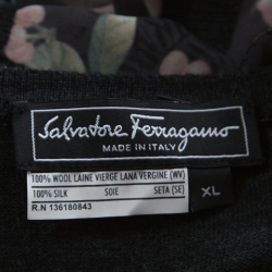 Pre Owned Salvatore Ferragamo Charcoal Grey Knit and Floral Printed Silk Cardigan XL