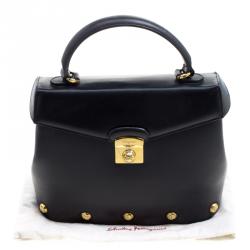 Pre Owned Salvatore Ferragamo Black Leather Vintage Studded Top Handle Bag