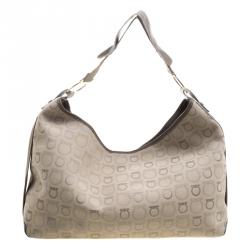 Pre Owned Salvatore Ferragamo Beige Gancio Printed Canvas Hobo