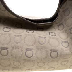 Pre Owned Salvatore Ferragamo Beige Gancio Printed Canvas Hobo