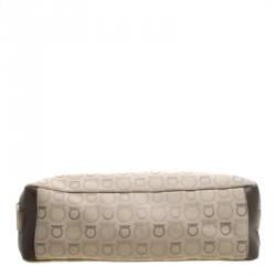 Pre Owned Salvatore Ferragamo Beige Gancio Printed Canvas Hobo