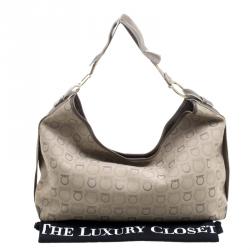 Pre Owned Salvatore Ferragamo Beige Gancio Printed Canvas Hobo