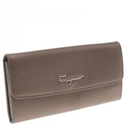 Pre Owned Salvatore Ferragamo Metallic Beige Leather Continental Wallet