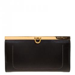 Pre Owned حقيبة كلتش سالفاتوري فيراغامو جلد أسود بإطار