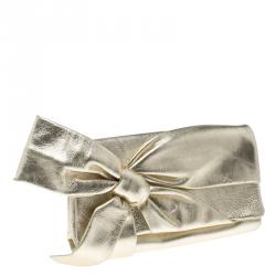 Pre Owned Valentino Metallic Gold Leather Bow Clutch