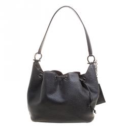 Pre Owned Salvatore Ferragamo Black Pebbled Leather Drawstring Hobo