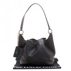Pre Owned Salvatore Ferragamo Black Pebbled Leather Drawstring Hobo