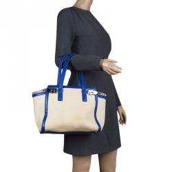Pre Owned Salvatore Ferragamo Beige/Blue Canvas and leather Verve Tote