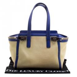 Pre Owned Salvatore Ferragamo Beige/Blue Canvas and leather Verve Tote
