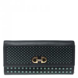 Pre Owned Salvatore Ferragamo Navy Blue And Green Leather Continental Wallet
