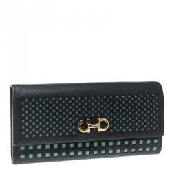 Pre Owned Salvatore Ferragamo Navy Blue And Green Leather Continental Wallet