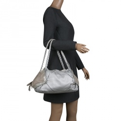 Pre Owned Salvatore Ferragamo Silver Leather and Suede Bowling Bag