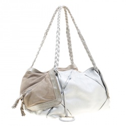 Pre Owned Salvatore Ferragamo Silver Leather and Suede Bowling Bag