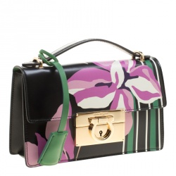 Pre Owned Salvatore Ferragamo Black Floral Painted Leather Aileen Top Handle Bag