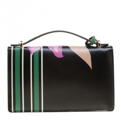 Pre Owned Salvatore Ferragamo Black Floral Painted Leather Aileen Top Handle Bag