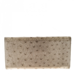 Pre Owned Salvatore Ferragamo Khaki Ostrich Gancio Continental Wallet
