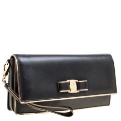 Pre Owned Salvatore Ferragamo Black Leather Miss Vara Bow Wristlet Clutch