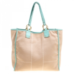 Pre Owned Salvatore Ferragamo Beige/Green Canvas and Leather Shopper Tote