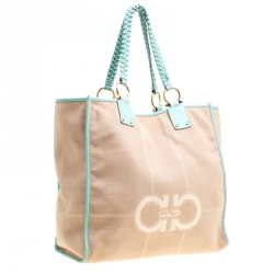 Pre Owned Salvatore Ferragamo Beige/Green Canvas and Leather Shopper Tote