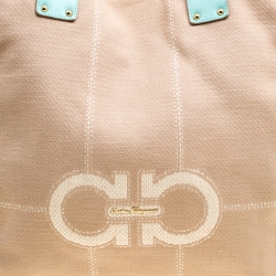 Pre Owned Salvatore Ferragamo Beige/Green Canvas and Leather Shopper Tote