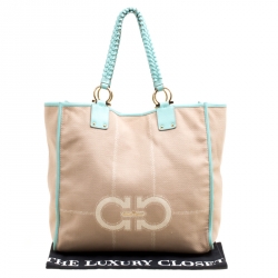 Pre Owned Salvatore Ferragamo Beige/Green Canvas and Leather Shopper Tote