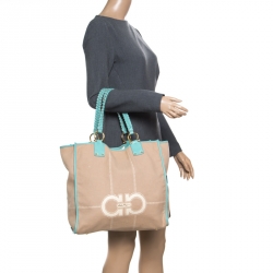 Pre Owned Salvatore Ferragamo Beige/Green Canvas and Leather Shopper Tote