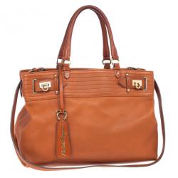 Pre Owned Salvatore Ferragamo Terracotta Leather Buckled Tote Bag