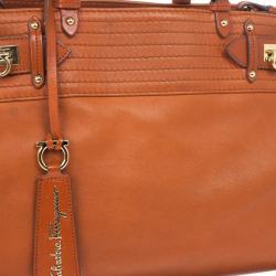 Pre Owned Salvatore Ferragamo Terracotta Leather Buckled Tote Bag