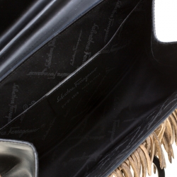Pre Owned Salvatore Ferragamo Black Leather and Canvas Wood Fringe Tote