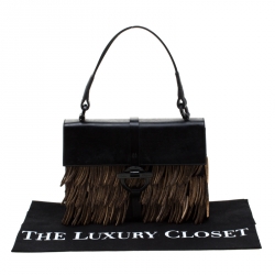 Pre Owned Salvatore Ferragamo Black Leather and Canvas Wood Fringe Tote