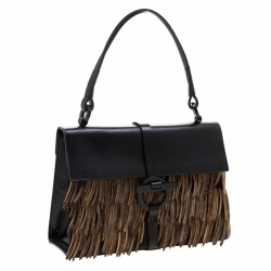 Pre Owned Salvatore Ferragamo Black Leather and Canvas Wood Fringe Tote