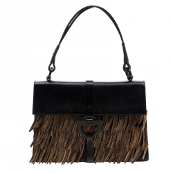 Pre Owned Salvatore Ferragamo Black Leather and Canvas Wood Fringe Tote