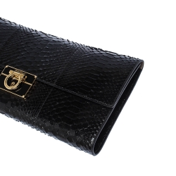 Pre Owned Salvatore Ferragamo Black Python Leahter Flap Clutch