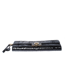 Pre Owned Salvatore Ferragamo Black Python Leahter Flap Clutch