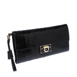 Pre Owned Salvatore Ferragamo Black Python Leahter Flap Clutch