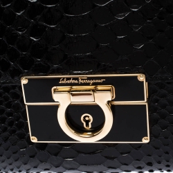 Pre Owned Salvatore Ferragamo Black Python Leahter Flap Clutch