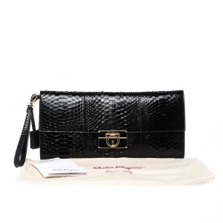 Pre Owned Salvatore Ferragamo Black Python Leahter Flap Clutch