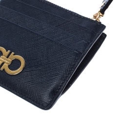 Pre Owned Salvatore Ferragamo Navy Blue Leather Double Gancio Card Holder