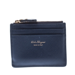Pre Owned Salvatore Ferragamo Navy Blue Leather Double Gancio Card Holder